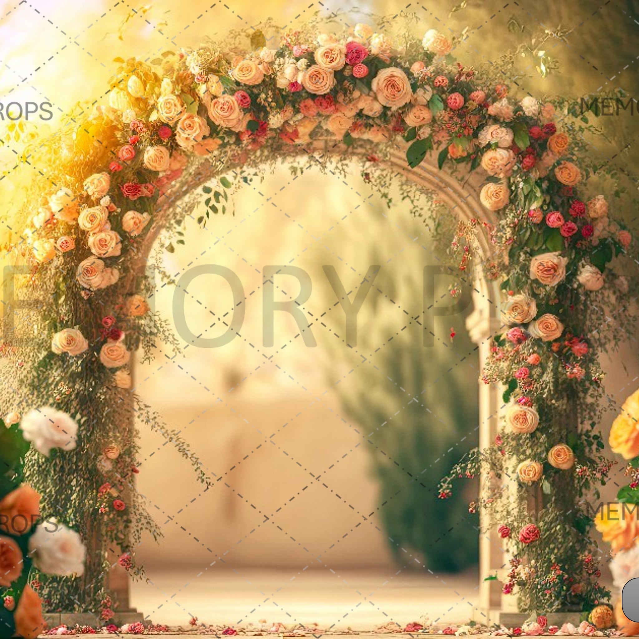 SQUARE WEDDING ARCH WITH ROSES ON BLURRED - PRINTED BACKDROP