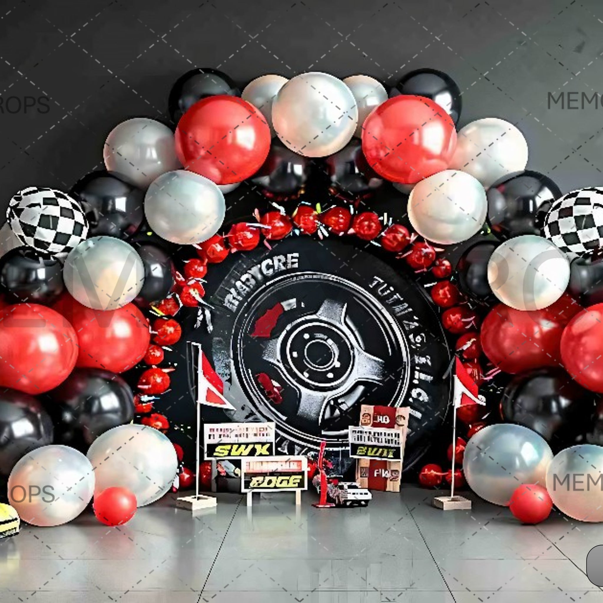 RACING TIRE AND CHECKERED FLAG - PRINTED BACKDROP