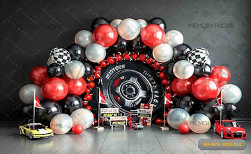 RACING TIRE AND CHECKERED FLAG - PRINTED BACKDROP