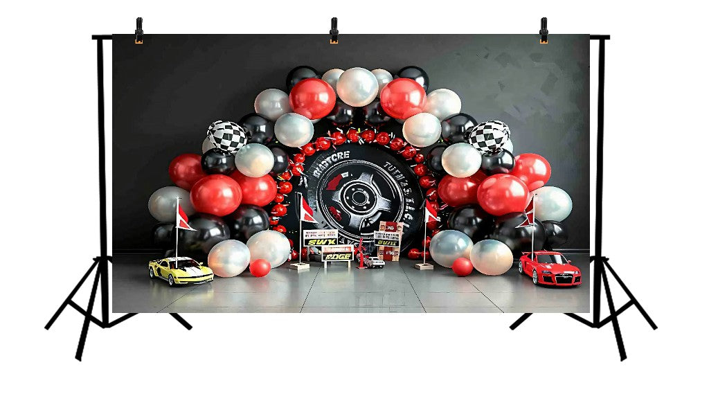 RACING TIRE AND CHECKERED FLAG - PRINTED BACKDROP