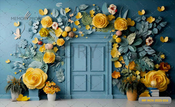 BLUE AND YELLOW PAPER FLOWER DOOR - PRINTED BACKDROP