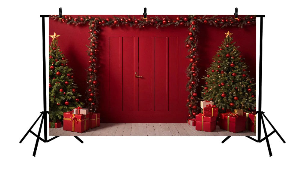 RED CHRISTMAS DOOR AND GARLAND - PRINTED BACKDROP