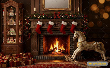 TRADITIONAL CHRISTMAS FIREPLACE AND STOCKINGS - PRINTED BACKDROP