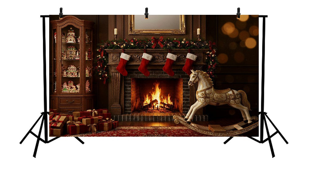 TRADITIONAL CHRISTMAS FIREPLACE AND STOCKINGS - PRINTED BACKDROP