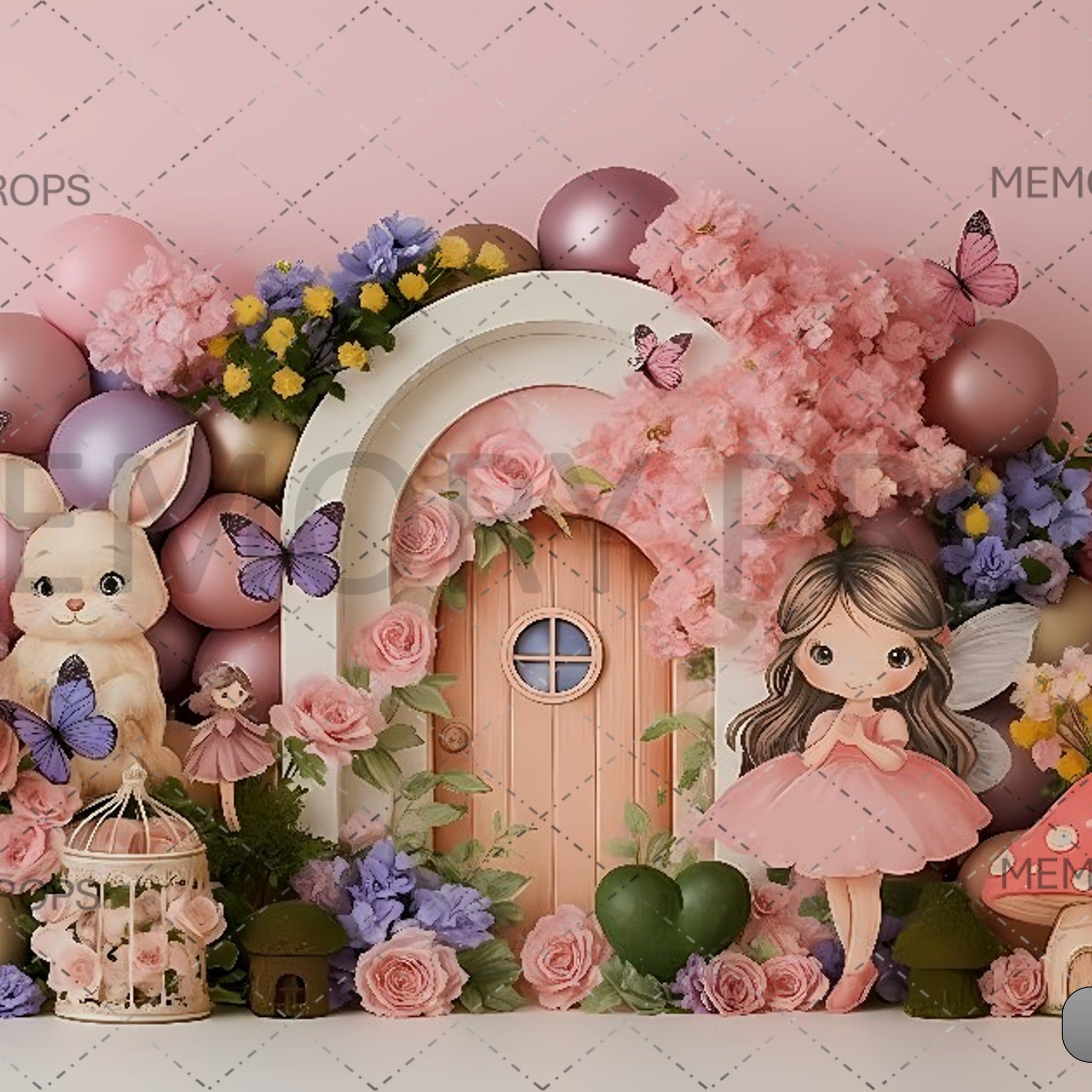 PINK FAIRY GARDEN AND BUNNY - PRINTED BACKDROP