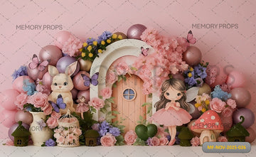 PINK FAIRY GARDEN AND BUNNY - PRINTED BACKDROP