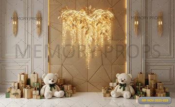 ELEGANT GOLD CHRISTMAS LIGHTS AND TEDDY BEAR - PRINTED BACKDROP