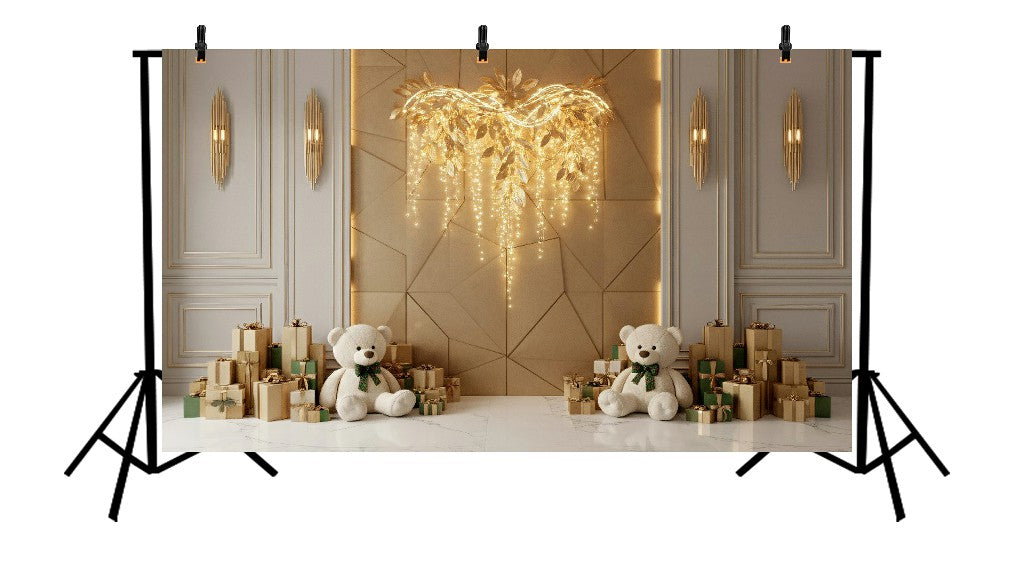 ELEGANT GOLD CHRISTMAS LIGHTS AND TEDDY BEAR - PRINTED BACKDROP