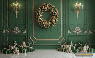 EMERALD GREEN AND GOLD ORNAMENT WREATH - PRINTED BACKDROP
