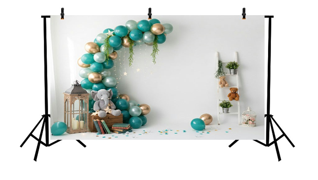 TEAL AND GOLD ELEPHANT BALLOON ARCH - PRINTED BACKDROP