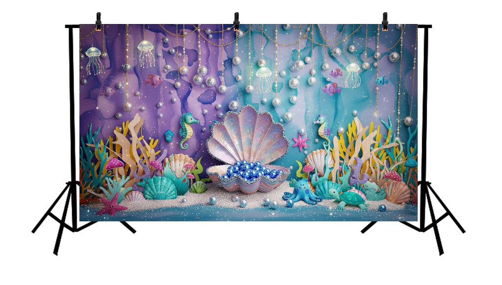 BLUE AND PURPLE MERMAID CLAM SHELL - PRINTED BACKDROP