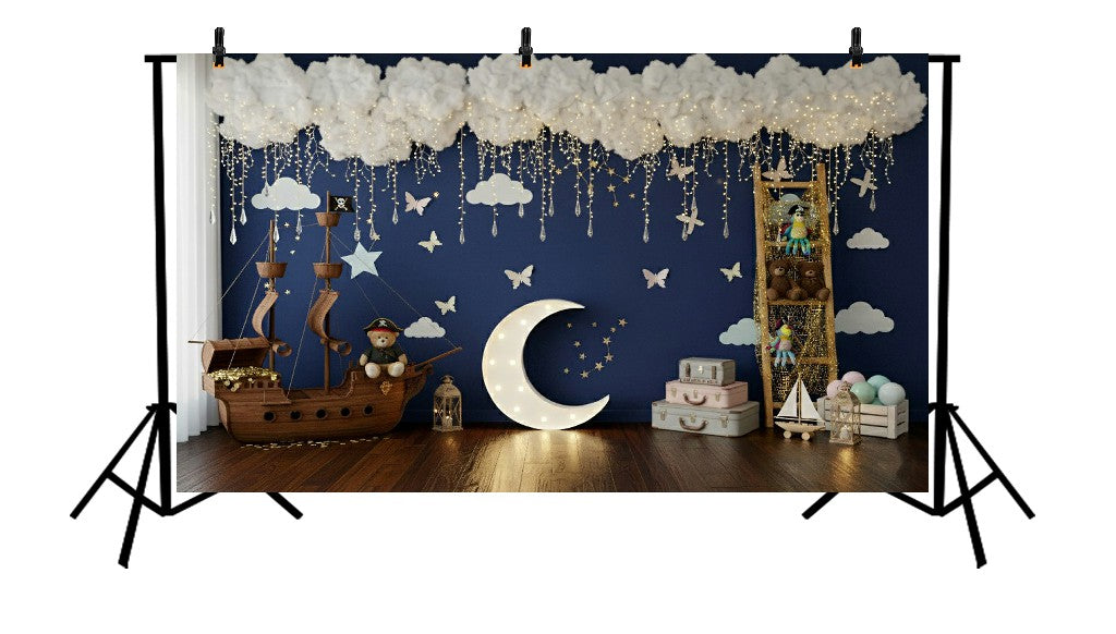 NAVY BLUE PIRATE SHIP AND STAR NIGHT - PRINTED BACKDROP