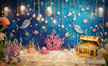 TREASURE CHEST AND NARWHAL UNDER THE SEA - PRINTED BACKDROP