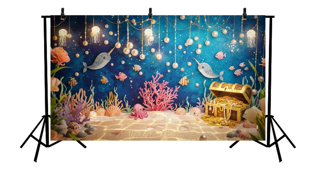 TREASURE CHEST AND NARWHAL UNDER THE SEA - PRINTED BACKDROP