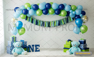 BLUE AND GREEN TEDDY BEAR FIRST BIRTHDAY - PRINTED BACKDROP