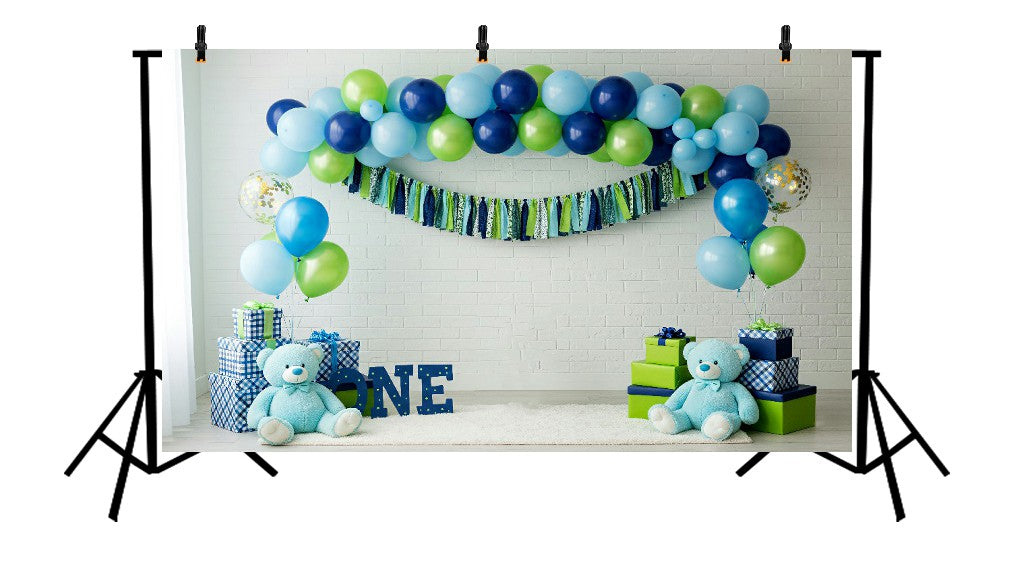 BLUE AND GREEN TEDDY BEAR FIRST BIRTHDAY - PRINTED BACKDROP