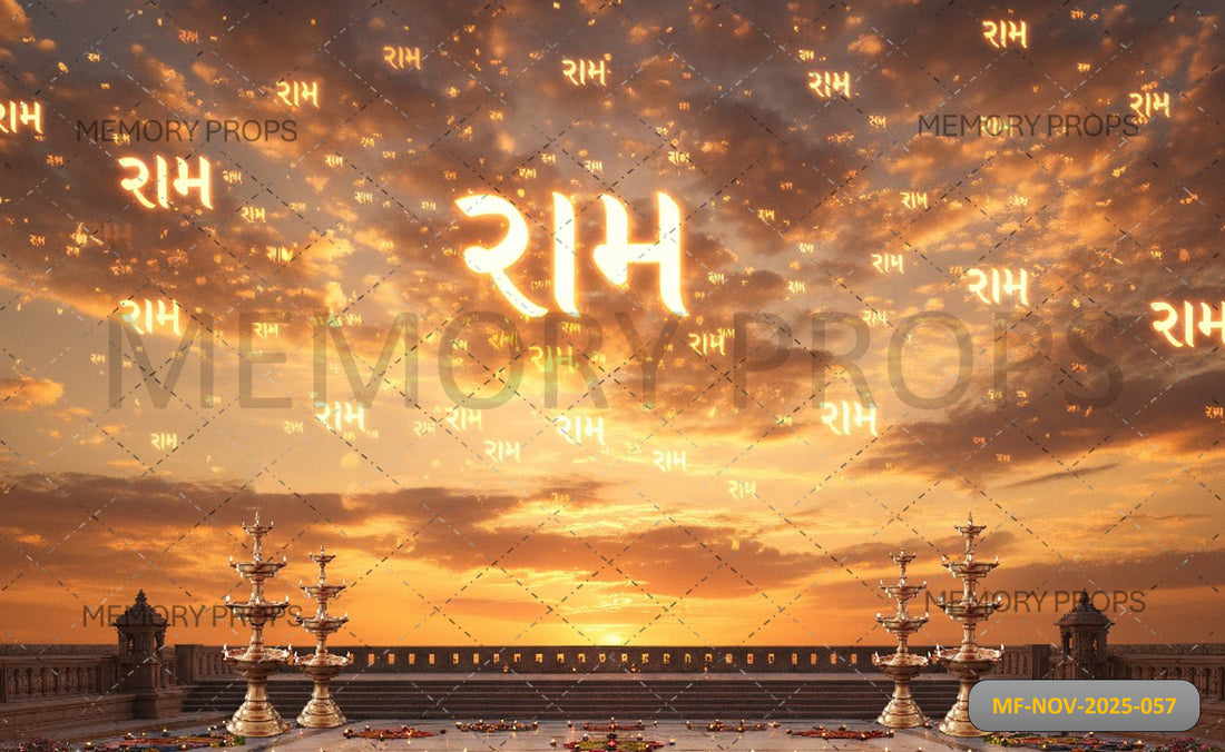 RAM NAME SUNSET DIYA + MANDIR INTERIOR MARBLE FLOOR DIYA RANGOLI BACKDROP