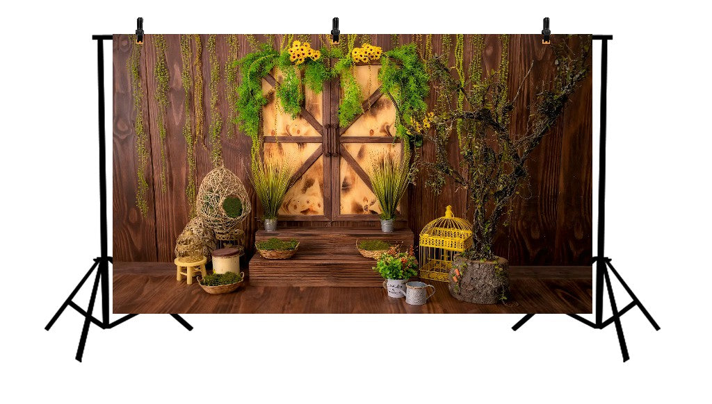 RUSTIC WOODEN DOOR WITH SUNFLOWERS - PRINTED BACKDROP