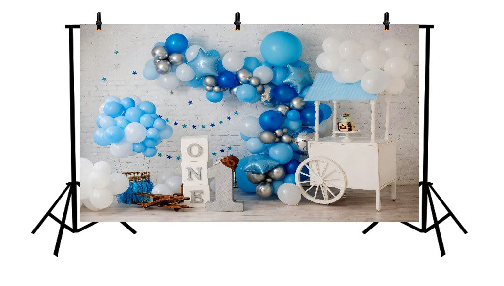 BLUE AND SILVER FIRST BIRTHDAY - PRINTED BACKDROP