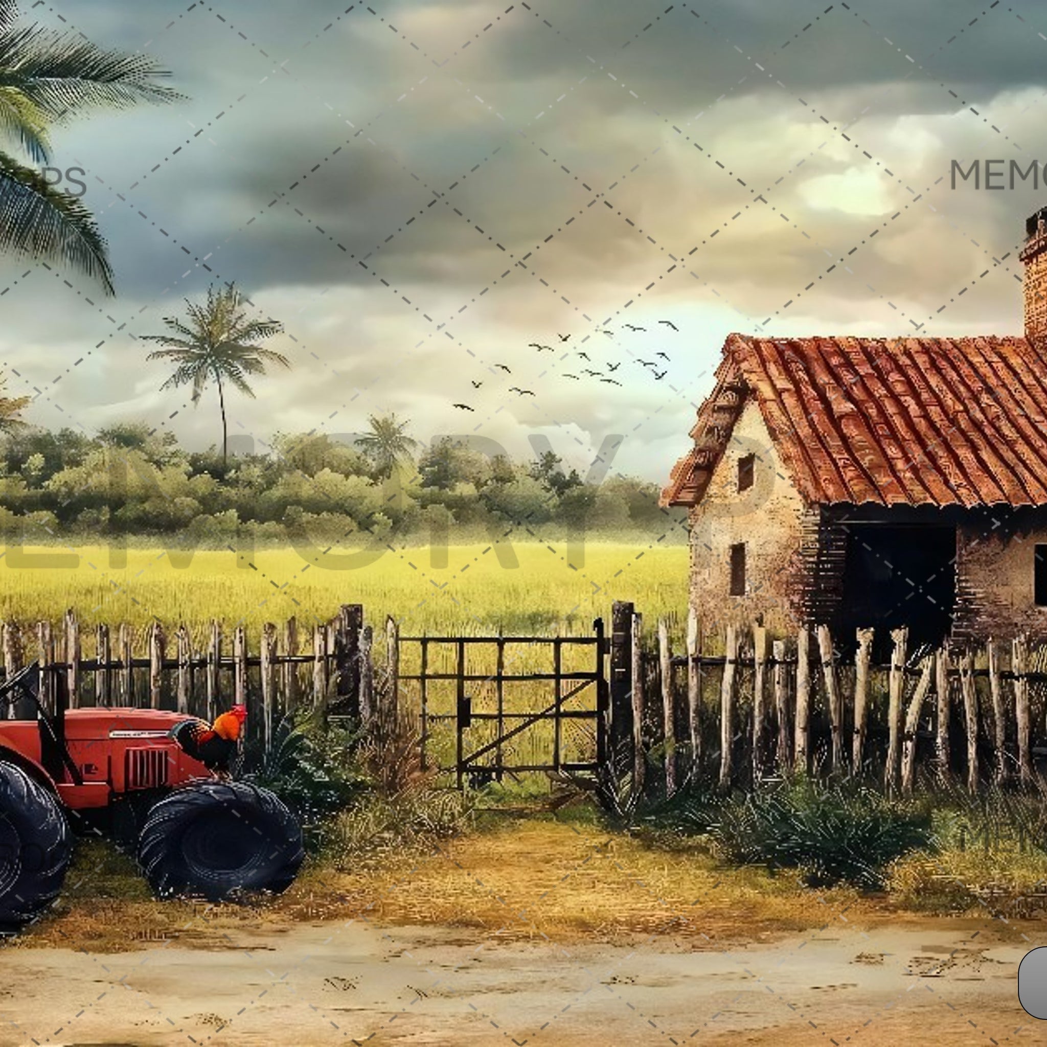 TROPICAL FARMHOUSE WITH TRACTOR - PRINTED BACKDROP