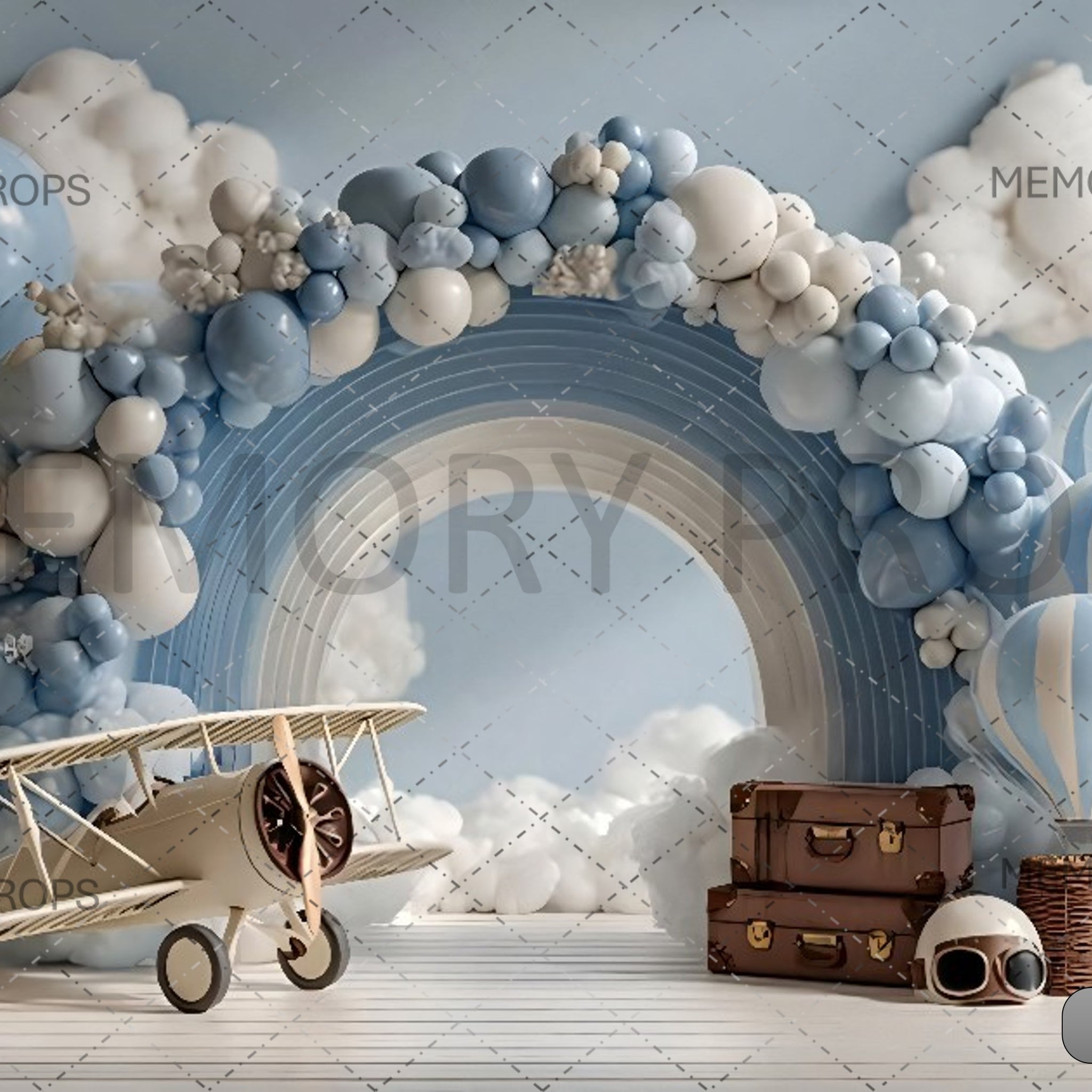 BLUE HOT AIR BALLOON AND AIRPLANE - PRINTED BACKDROP