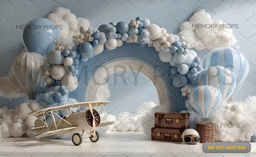 BLUE HOT AIR BALLOON AND AIRPLANE - PRINTED BACKDROP