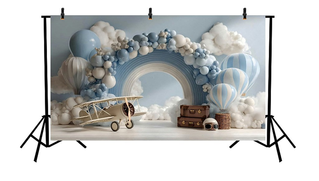 BLUE HOT AIR BALLOON AND AIRPLANE - PRINTED BACKDROP