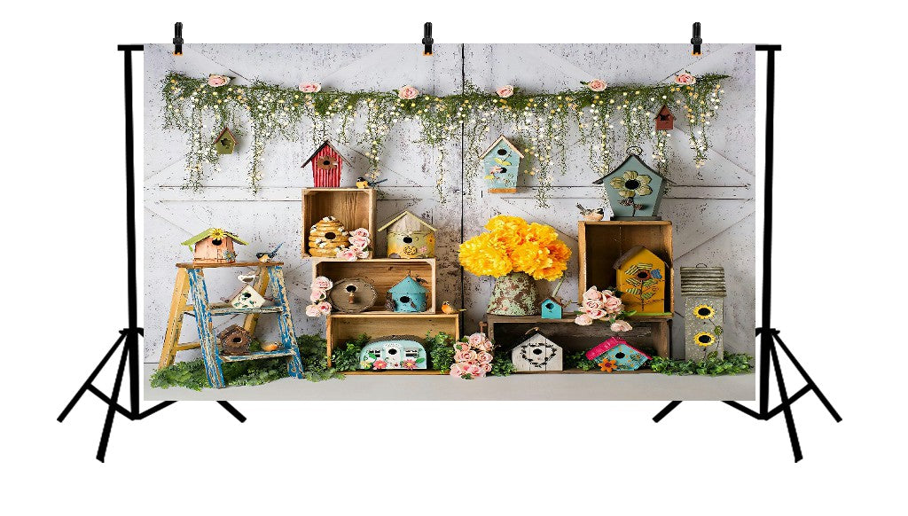 SPRING BIRDHOUSES AND CRATES - PRINTED BACKDROP