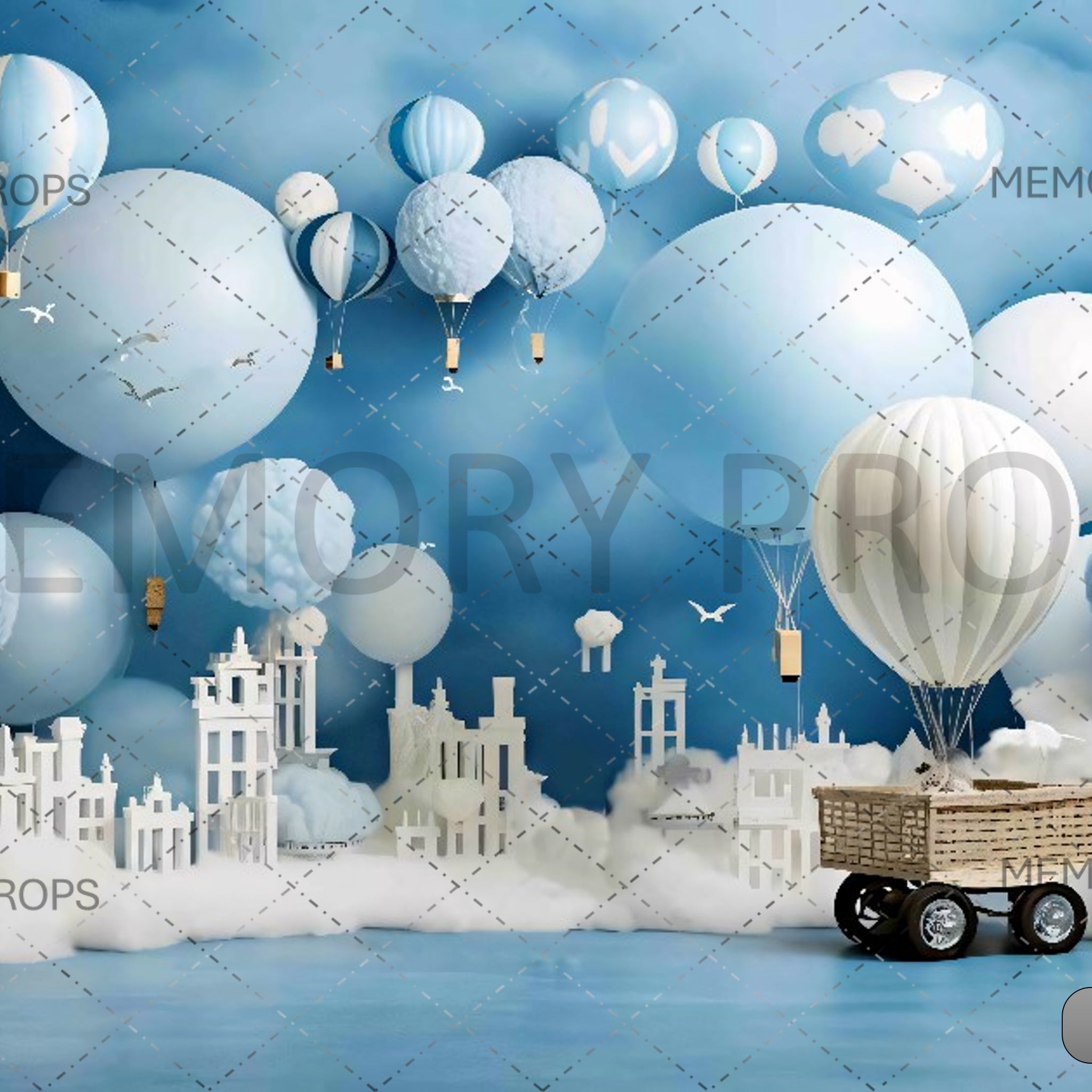 BLUE SKY HOT AIR BALLOON CITYSCAPE - PRINTED BACKDROP