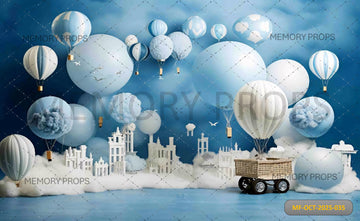 BLUE SKY HOT AIR BALLOON CITYSCAPE - PRINTED BACKDROP