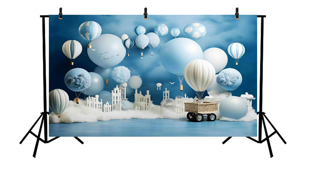 BLUE SKY HOT AIR BALLOON CITYSCAPE - PRINTED BACKDROP