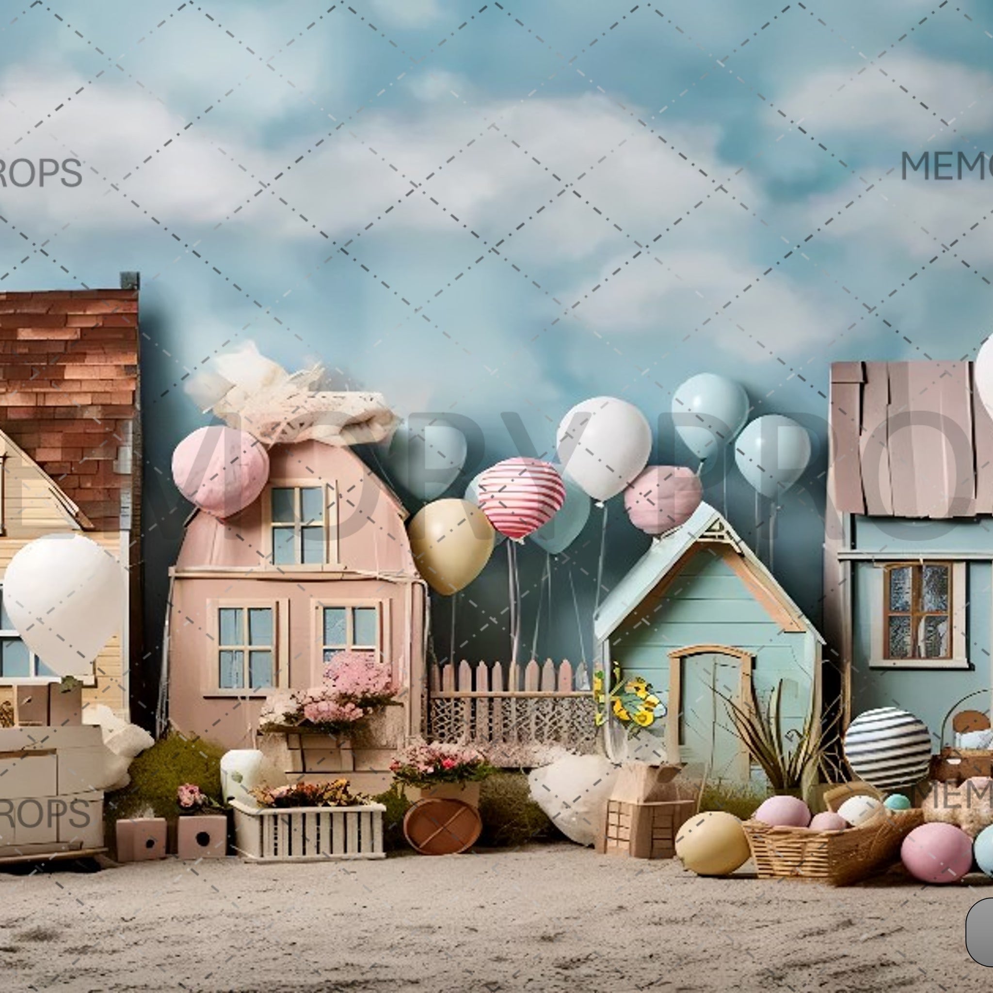 EASTER PASTEL VILLAGE AND BALLOONS - PRINTED BACKDROP