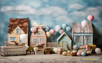 EASTER PASTEL VILLAGE AND BALLOONS - PRINTED BACKDROP