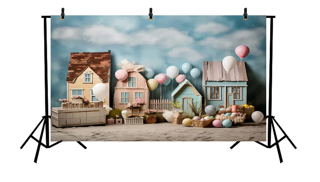 EASTER PASTEL VILLAGE AND BALLOONS - PRINTED BACKDROP