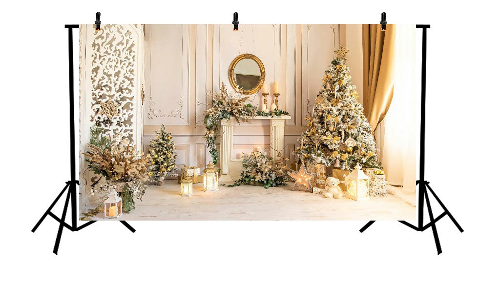 GOLD AND CREAM CHRISTMAS MANTEL - PRINTED BACKDROP