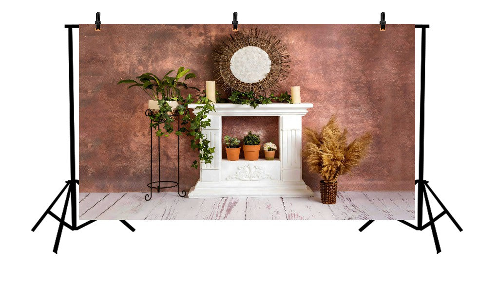 RUSTIC FIREPLACE WITH PAMPAS GRASS - PRINTED BACKDROP