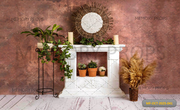 RUSTIC FIREPLACE WITH PAMPAS GRASS - PRINTED BACKDROP