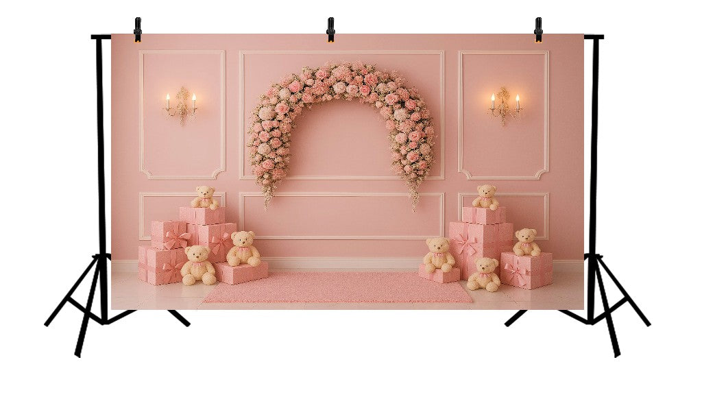 PINK FLORAL ARCH AND TEDDY BEARS - PRINTED BACKDROP