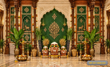 ROYAL GREEN FESTIVE PUJA SETUP WITH DECORATIVE KALASH - PRINTED BACKDROP