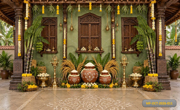 TRADITIONAL INDIAN COURTYARD PUJA SETUP WITH DECORATIVE KALASH - PRINTED BACKDROP