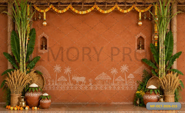 TRADITIONAL GUJARATI VILLAGE HARVEST SETUP WITH SUGARCANE - PRINTED BACKDROP