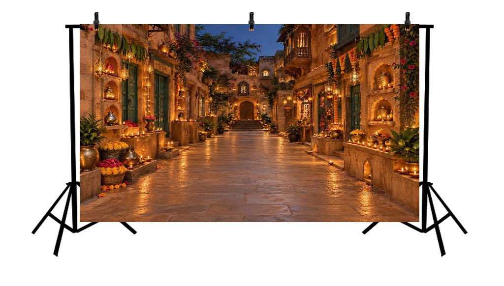 GRAND INDIAN HERITAGE LANE WITH FESTIVE LANTERNS & MARIGOLD DECOR - PRINTED BACKDROP