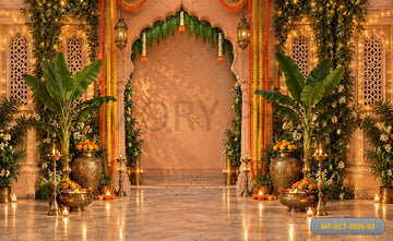 GRAND MARIGOLD ARCHWAY WITH BANANA LEAVES & FESTIVE LANTERNS - PRINTED BACKDROP