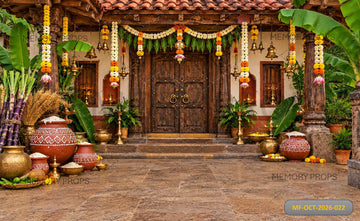 KERALA TRADITIONAL WOODEN HOUSE FESTIVE COURTYARD - PRINTED BACKDROP