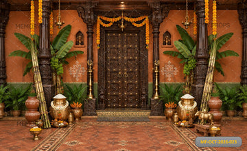KERALA ROYAL WOODEN TEMPLE HOUSE FESTIVE COURTYARD  - PRINTED BACKDROP