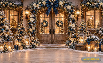 LUXURY WINTER CHRISTMAS DOORWAY WITH NAVY BLUE - PRINTED BACKDROP