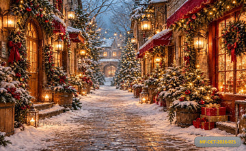 CHRISTMAS SNOWY VILLAGE STREET FAIRY LIGHTS - PRINTED BACKDROP