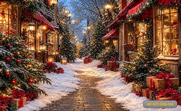 CHRISTMAS SNOWY MARKET STREET RED DECORATIONS - PRINTED BACKDROP