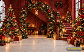 LUXURY RED CHRISTMAS STAIRCASE FESTIVE DECORATION - PRINTED BACKDROP