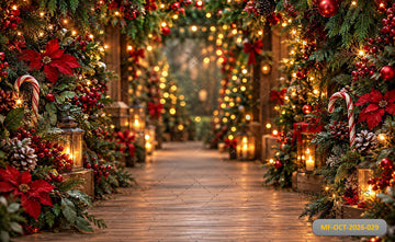 CHRISTMAS EVERGREEN FOREST WALKWAY RED POINSETTIA FAIRY LIGHTS - PRINTED BACKDROP